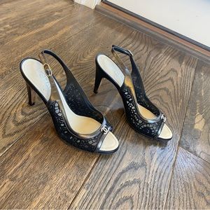 CHANEL shoes. Vintage. Slingback pumps. Black. Leather & lace. 3 1/2 heels.